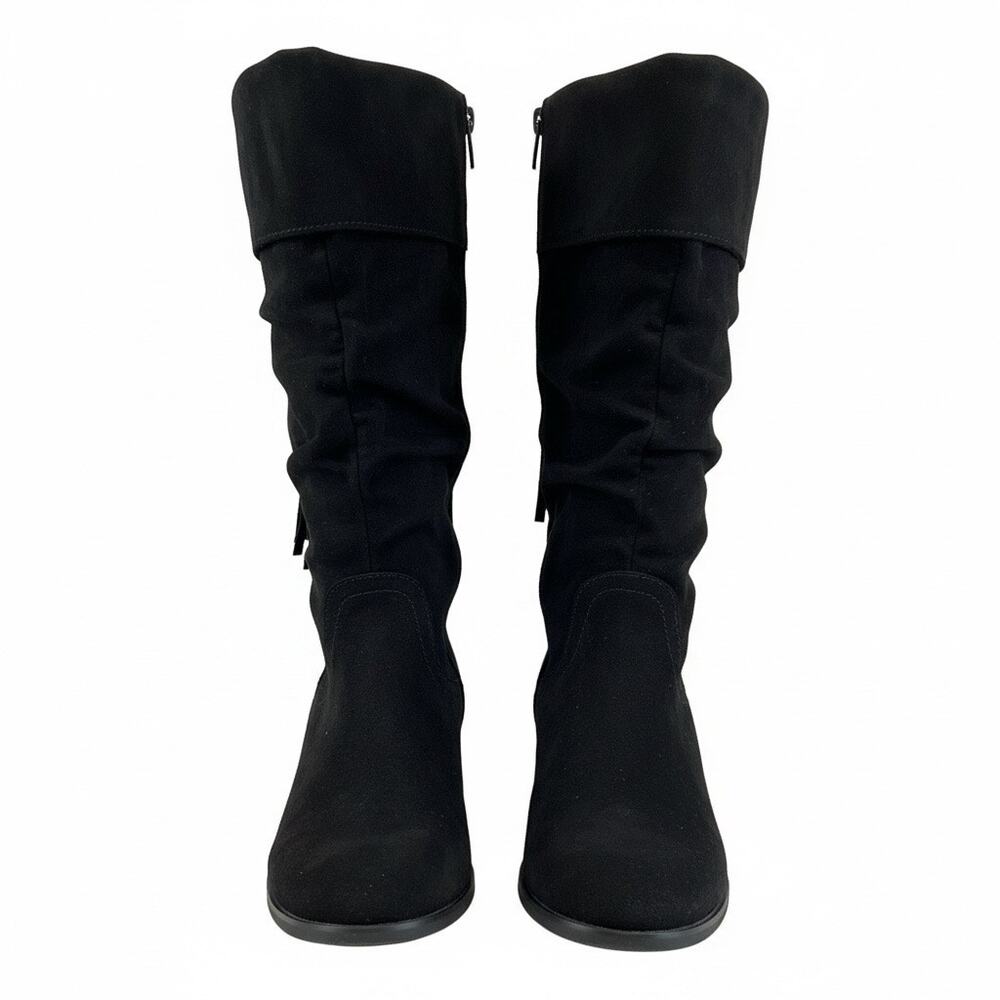 Justice Girls Black Slouch Boots Size 3 Mid Calf Side Zip Low Heel
